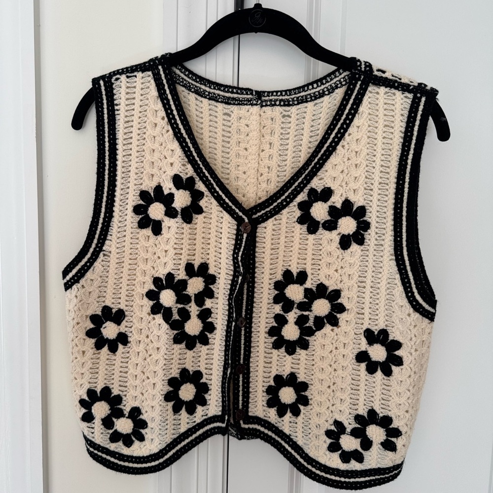 Cream and Black Crochet Floral Vest